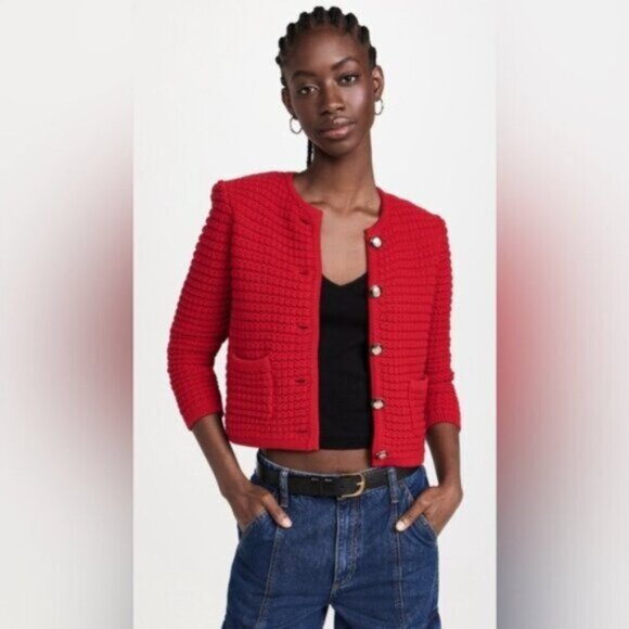 NEW Ba&sh Bash Gaspard  Tweed Cardigan Jacket in Red | size 2 / M - Picture 3 of 14